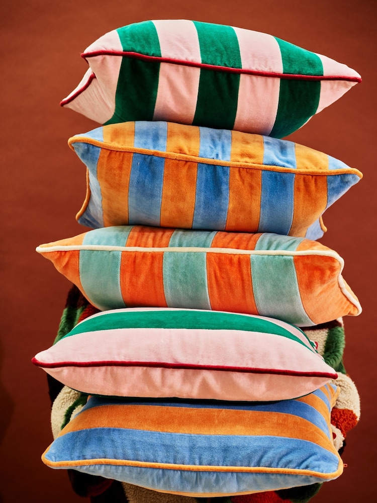 Oliver Bonas Blue & Orange Striped Velvet Cushion Cover 45x45cm - Image 6 of 6
