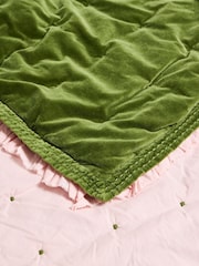 Oliver Bonas Green Reversible Velvet Frill Quilted Bedspread - Image 4 of 6