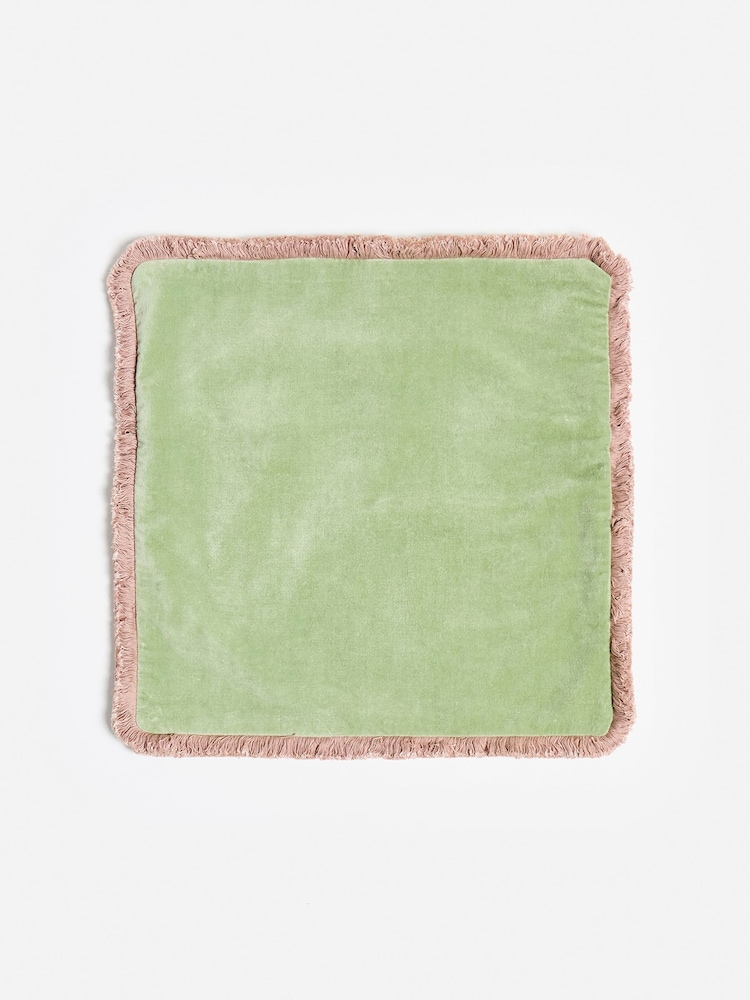 Oliver Bonas Green Issey Light Velvet Fringed Cushion Cover 45x45cm - Image 4 of 4 Oliver Bonas Green Issey Light Velvet Fringed Cushion Cover 45x45cm - Image 4 of 4