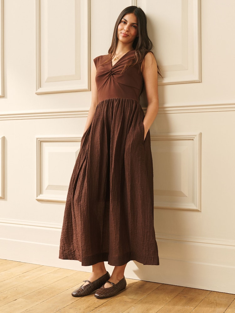 Laura Ashley Chocolate Brown Twist Front 2in1 Dress - Image 1 of 6 Laura Ashley Chocolate Brown Twist Front 2in1 Dress - Image 1 of 6