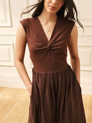 Laura Ashley Chocolate Brown Twist Front 2in1 Dress - Image 3 of 6