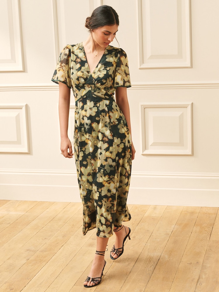 Laura Ashley Green/Black Alcombe Floral Chiffon V-Neck Dress - Image 1 of 4 Laura Ashley Green/Black Alcombe Floral Chiffon V-Neck Dress - Image 1 of 4