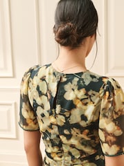 Laura Ashley Green/Black Alcombe Floral Chiffon V-Neck Dress - Image 4 of 4