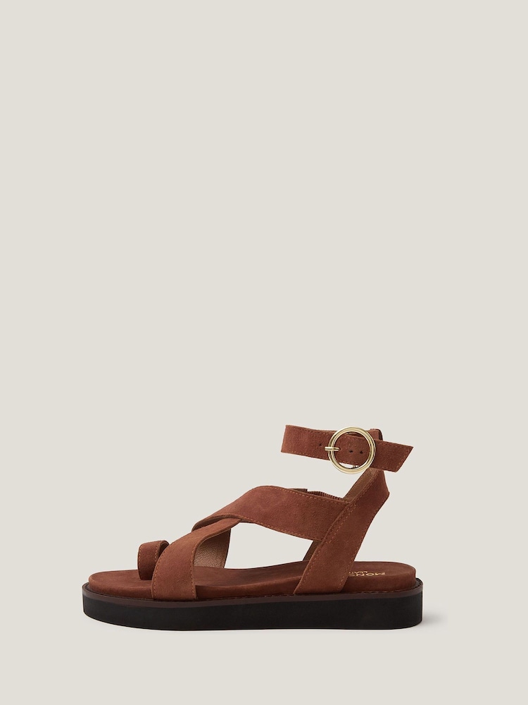 Monsoon Brown Ivy Toe Strap Crossover Suede Sandals - Image 1 of 3