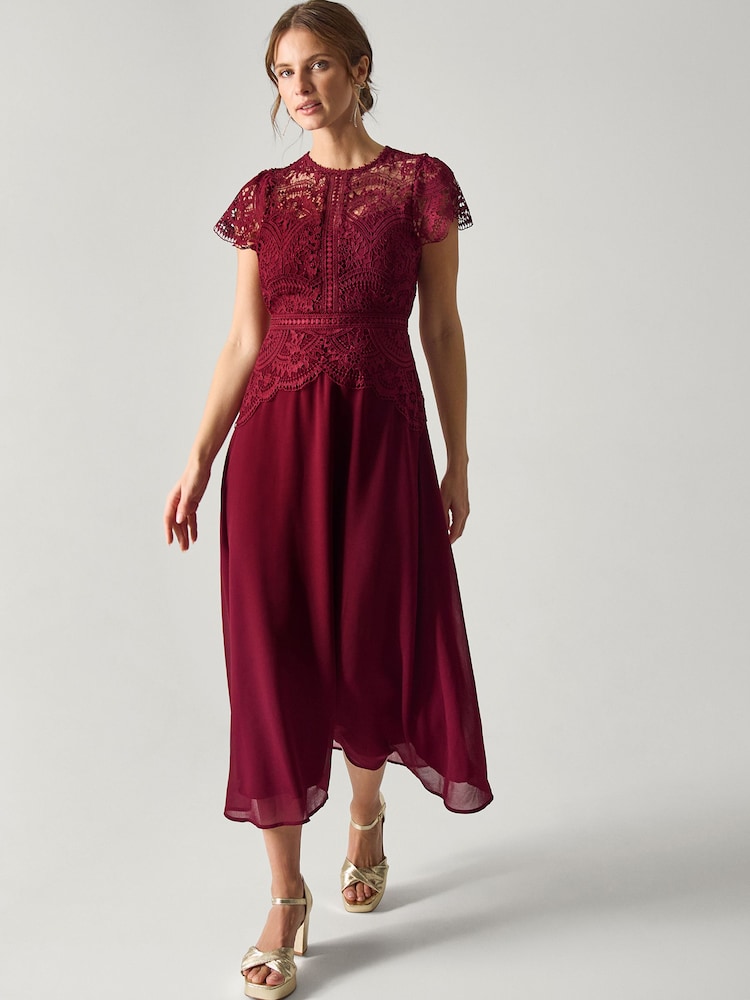 Monsoon Red Monica Lace Midi Bridesmaid Dress - Image 1 of 5