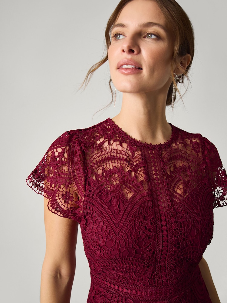 Monsoon Red Monica Lace Midi Bridesmaid Dress - Image 2 of 5