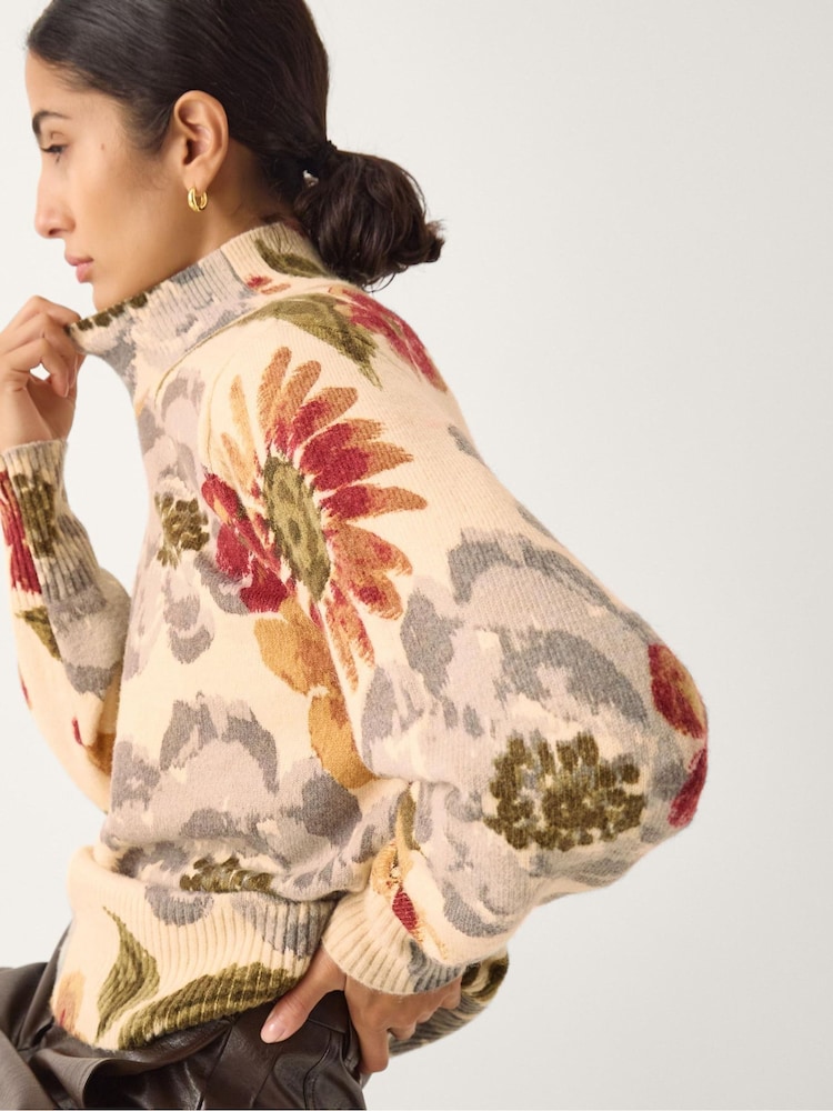 Monsoon Natural Olive Floral High Neck Jumper - Image 1 of 4 Monsoon Natural Olive Floral High Neck Jumper - Image 1 of 4