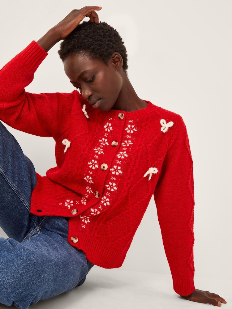 Monsoon Red Evie Bow Cable Knit Cardigan - Image 1 of 5 Monsoon Red Evie Bow Cable Knit Cardigan - Image 1 of 5