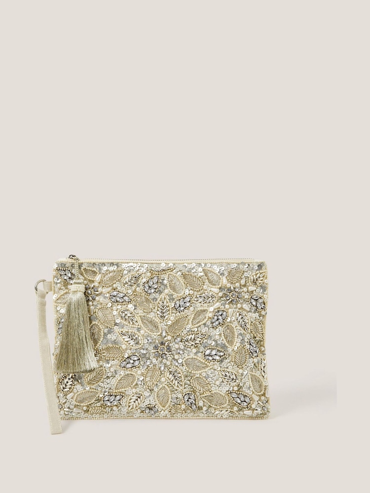 Monsoon Silver Febe Floral Embellished Tassel Pouch - Image 1 of 3 Monsoon Silver Febe Floral Embellished Tassel Pouch - Image 1 of 3