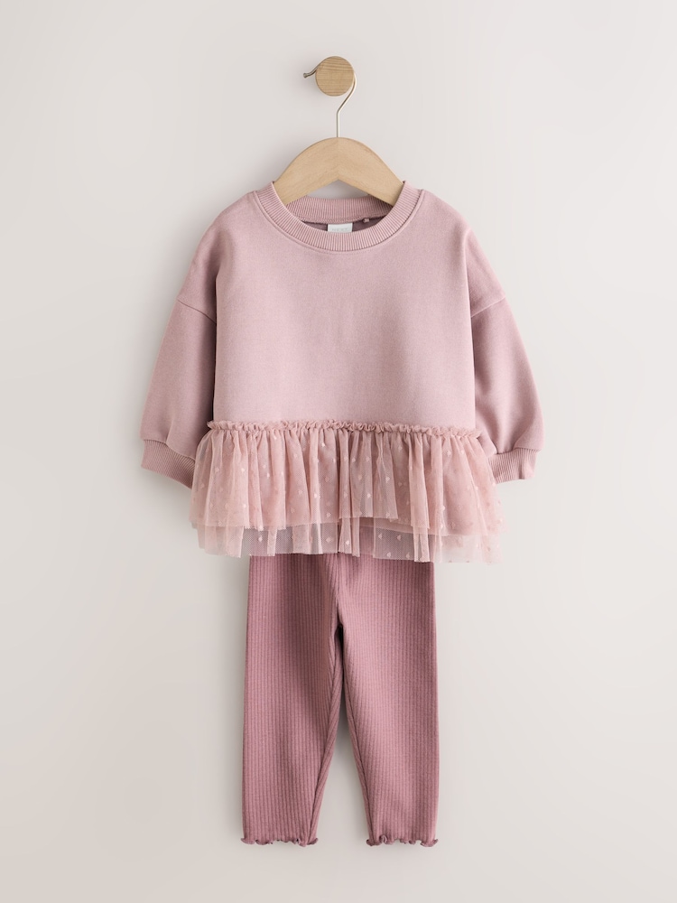 Mauve Purple Mesh Peplum Sweatshirt and Leggings Set (3mths-7yrs) - Image 1 of 4 Mauve Purple Mesh Peplum Sweatshirt and Leggings Set (3mths-7yrs) - Image 1 of 4