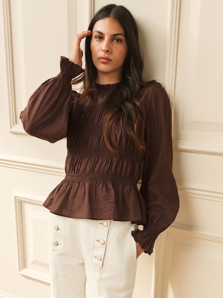 Laura Ashley Chocolate Brown Shirred Long Sleeve Blouse - Image 1 of 8