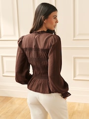 Laura Ashley Chocolate Brown Shirred Long Sleeve Blouse - Image 2 of 8