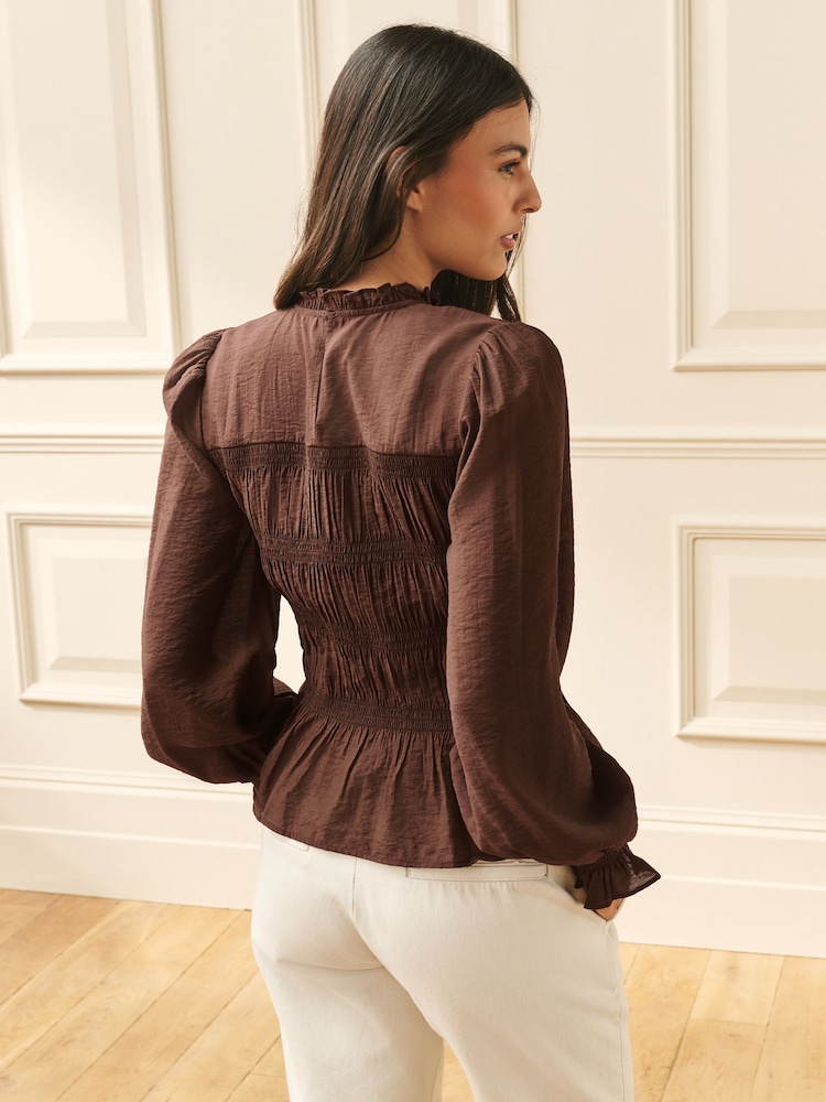 Laura Ashley Chocolate Brown Shirred Long Sleeve Blouse - Image 2 of 8