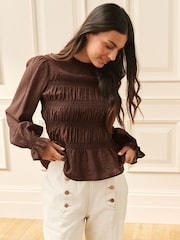 Laura Ashley Chocolate Brown Shirred Long Sleeve Blouse - Image 3 of 8