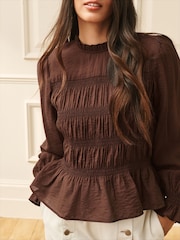 Laura Ashley Chocolate Brown Shirred Long Sleeve Blouse - Image 4 of 8