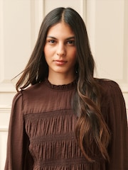 Laura Ashley Chocolate Brown Shirred Long Sleeve Blouse - Image 5 of 8