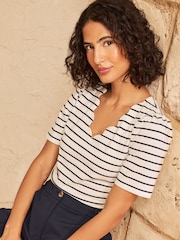 Love & Roses Ivory Stripe Scallop V-Neck 3/4 Sleeve Body Suit - Image 1 of 4