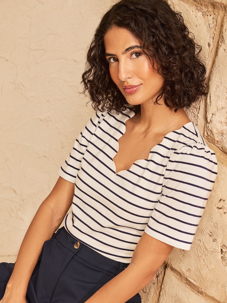 Love & Roses Ivory Stripe Scallop V-Neck 3/4 Sleeve Body Suit - Image 1 of 4