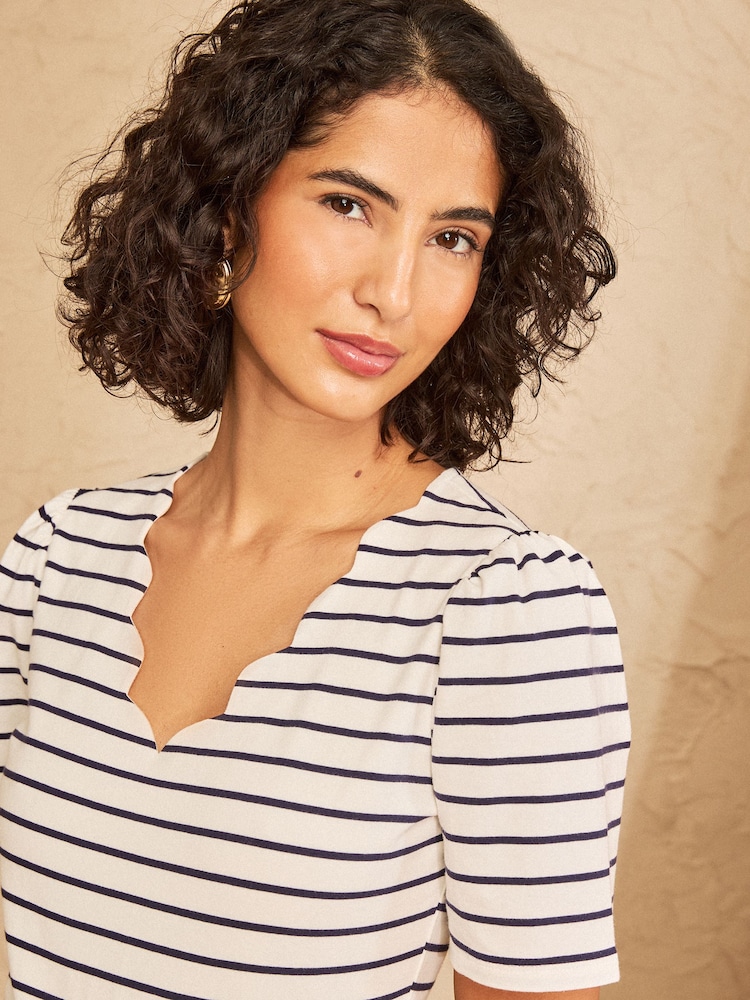 Love & Roses Ivory Stripe Scallop V-Neck 3/4 Sleeve Body Suit - Image 2 of 4