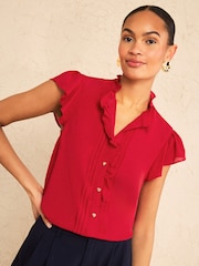 Love & Roses Red Flutter Sleeve Frill Detail Blouse - Image 1 of 4