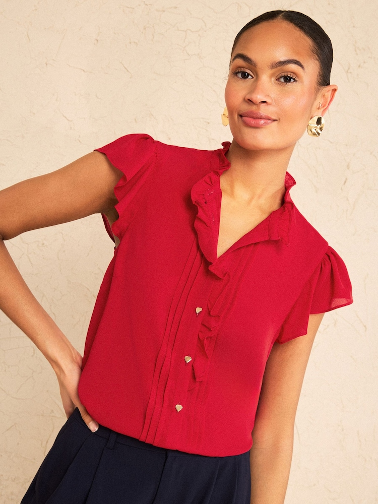 Love & Roses Red Flutter Sleeve Frill Detail Blouse - Image 1 of 4