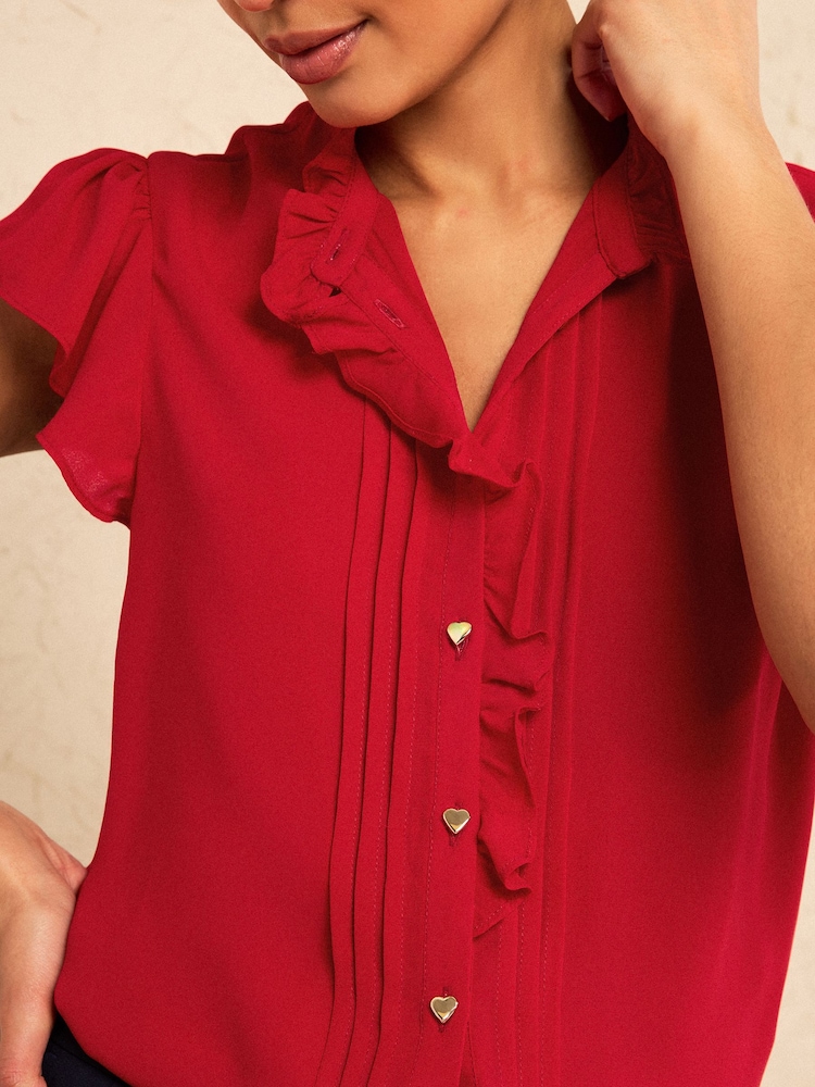 Love & Roses Red Flutter Sleeve Frill Detail Blouse - Image 2 of 4