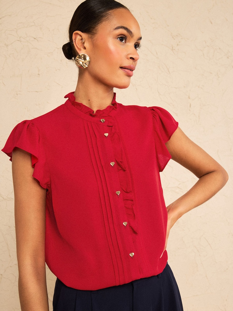 Love & Roses Red Flutter Sleeve Frill Detail Blouse - Image 4 of 4