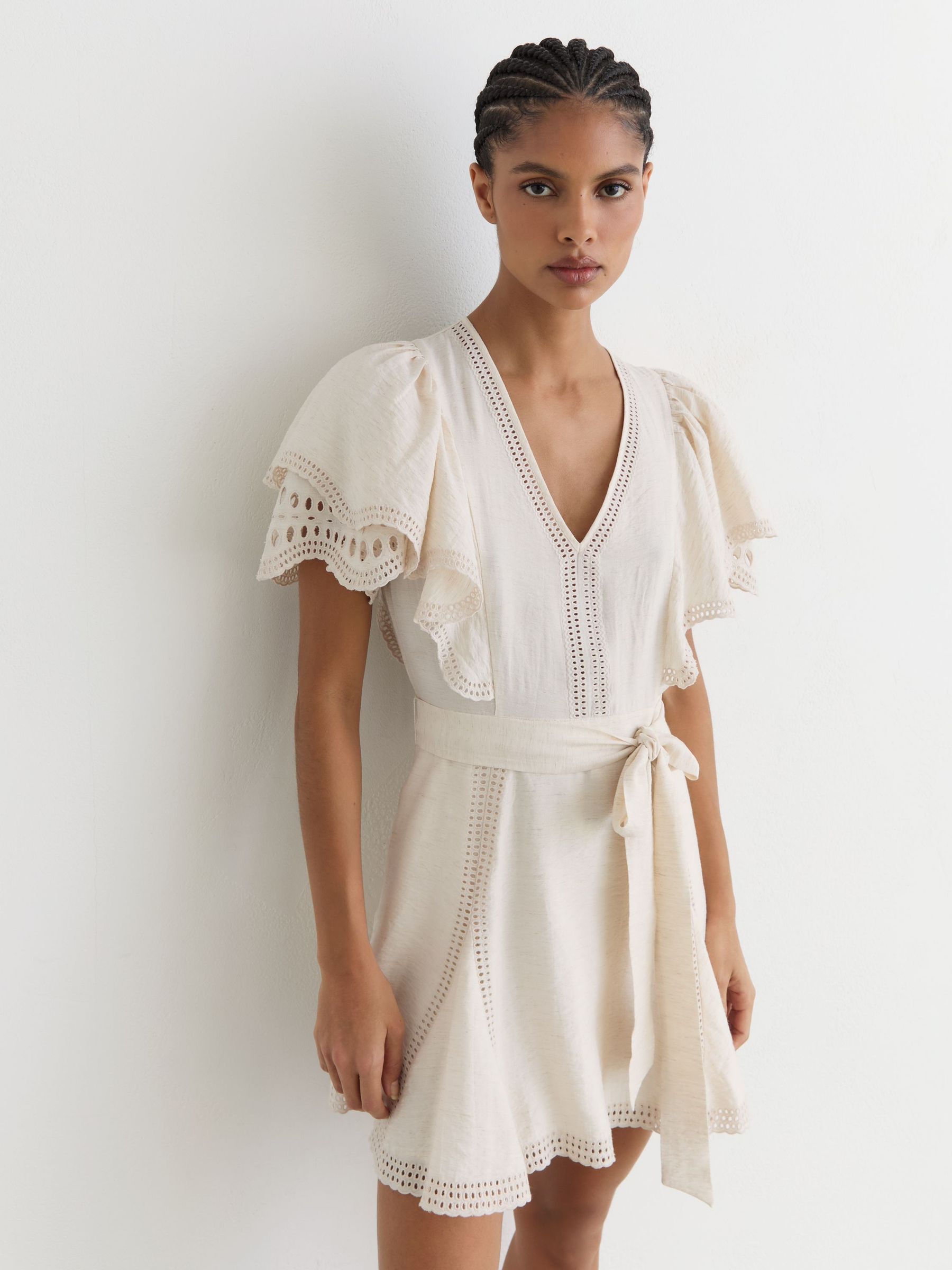 Buy Reiss Cream Opal Broderie Anglaise Belted Flippy Dress from