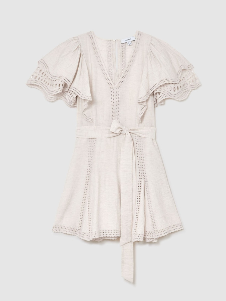 Reiss Cream Opal Broderie Anglaise Belted Flippy Dress - Image 2 of 6 Reiss Cream Opal Broderie Anglaise Belted Flippy Dress - Image 2 of 6