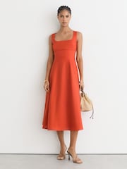 Reiss Coral Orange Dorethea Linen Square-Neck Midi Dress - Image 1 of 7