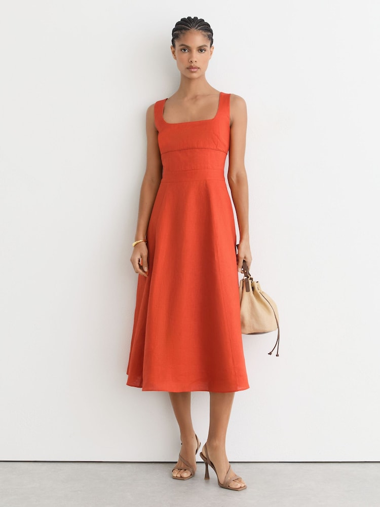 Reiss Coral Orange Dorethea Linen Square-Neck Midi Dress - Image 1 of 7
