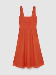 Reiss Coral Orange Dorethea Linen Square-Neck Midi Dress - Image 2 of 7