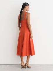 Reiss Coral Orange Dorethea Linen Square-Neck Midi Dress - Image 4 of 7
