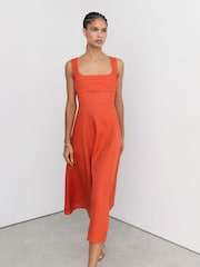 Reiss Coral Orange Dorethea Linen Square-Neck Midi Dress - Image 5 of 7