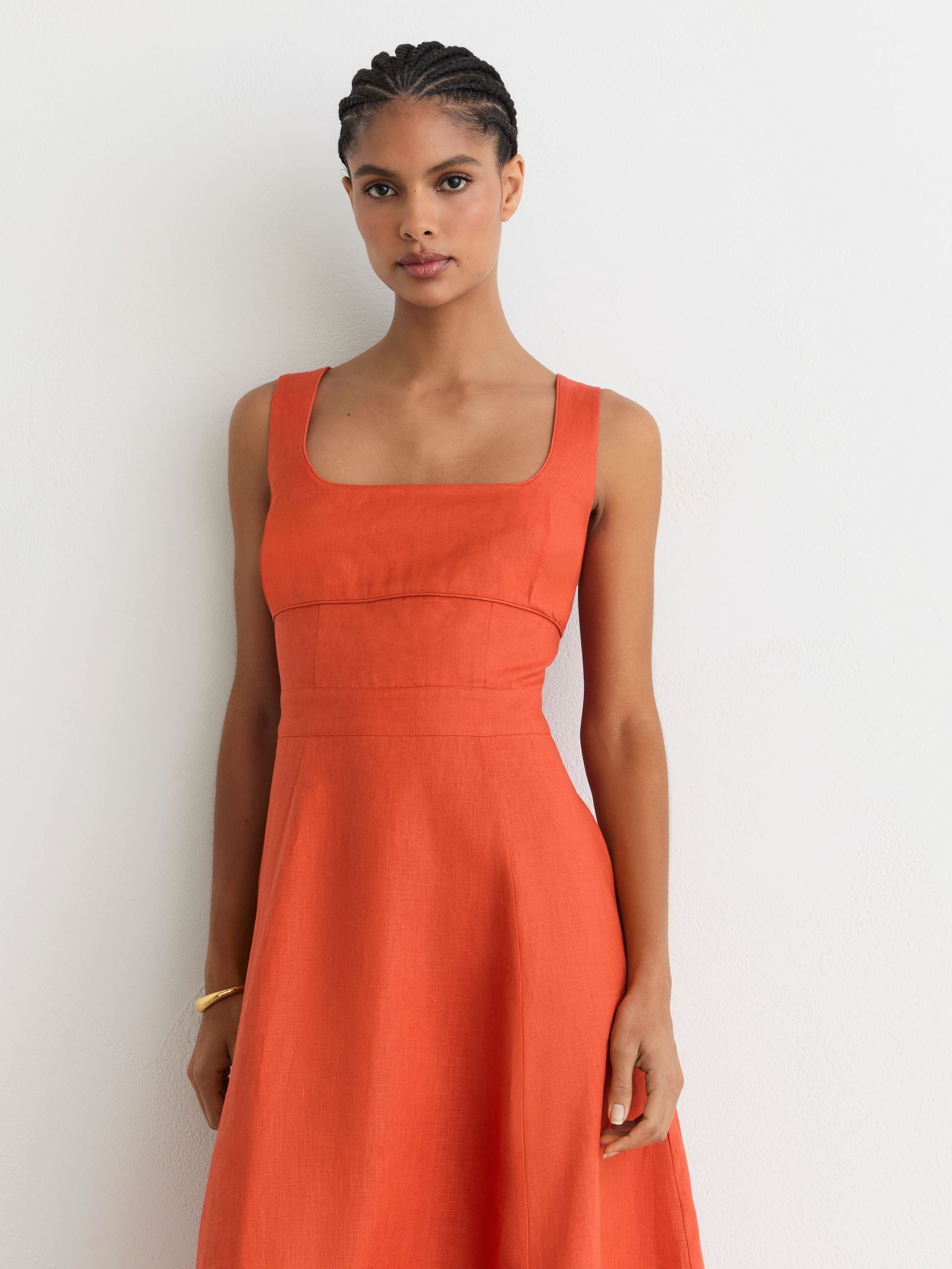 Buy Reiss Coral Orange Dorethea Linen Square-Neck Midi Dress from