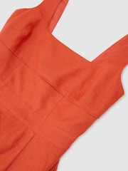 Reiss Coral Orange Dorethea Linen Square-Neck Midi Dress - Image 7 of 7