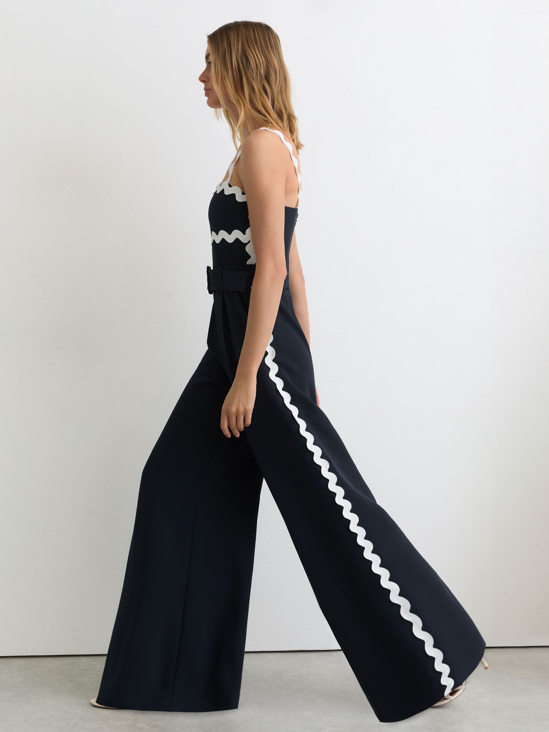 Buy Reiss Navy/Ivory Dash Petite Ric-Rac Trim Wide-Leg Jumpsuit