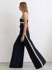 Reiss Navy/Ivory Dash Petite Ric-Rac Trim Wide-Leg Jumpsuit - Image 1 of 8