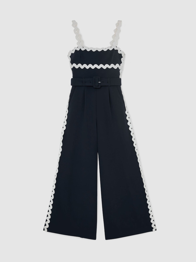 Reiss Navy/Ivory Dash Petite Ric-Rac Trim Wide-Leg Jumpsuit - Image 2 of 8