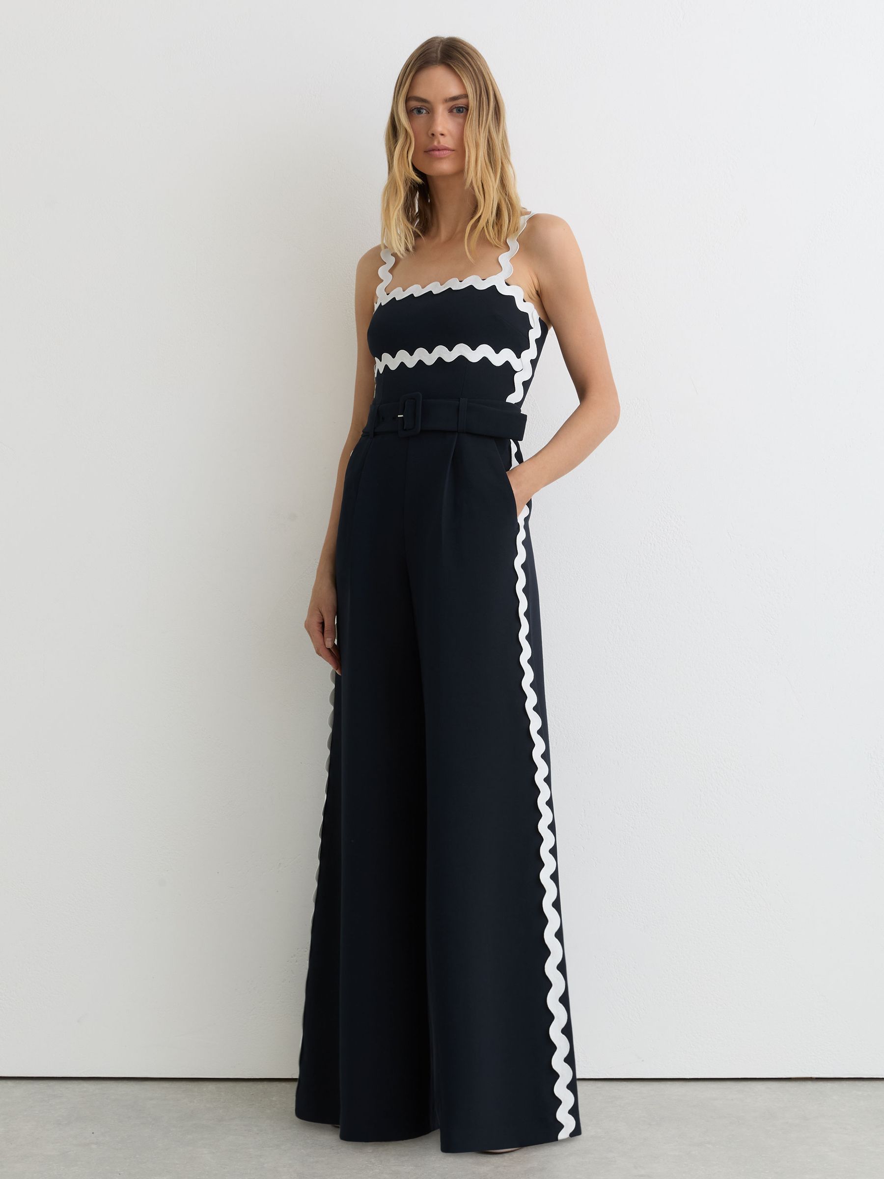 Buy Reiss Navy/Ivory Dash Petite Ric-Rac Trim Wide-Leg Jumpsuit