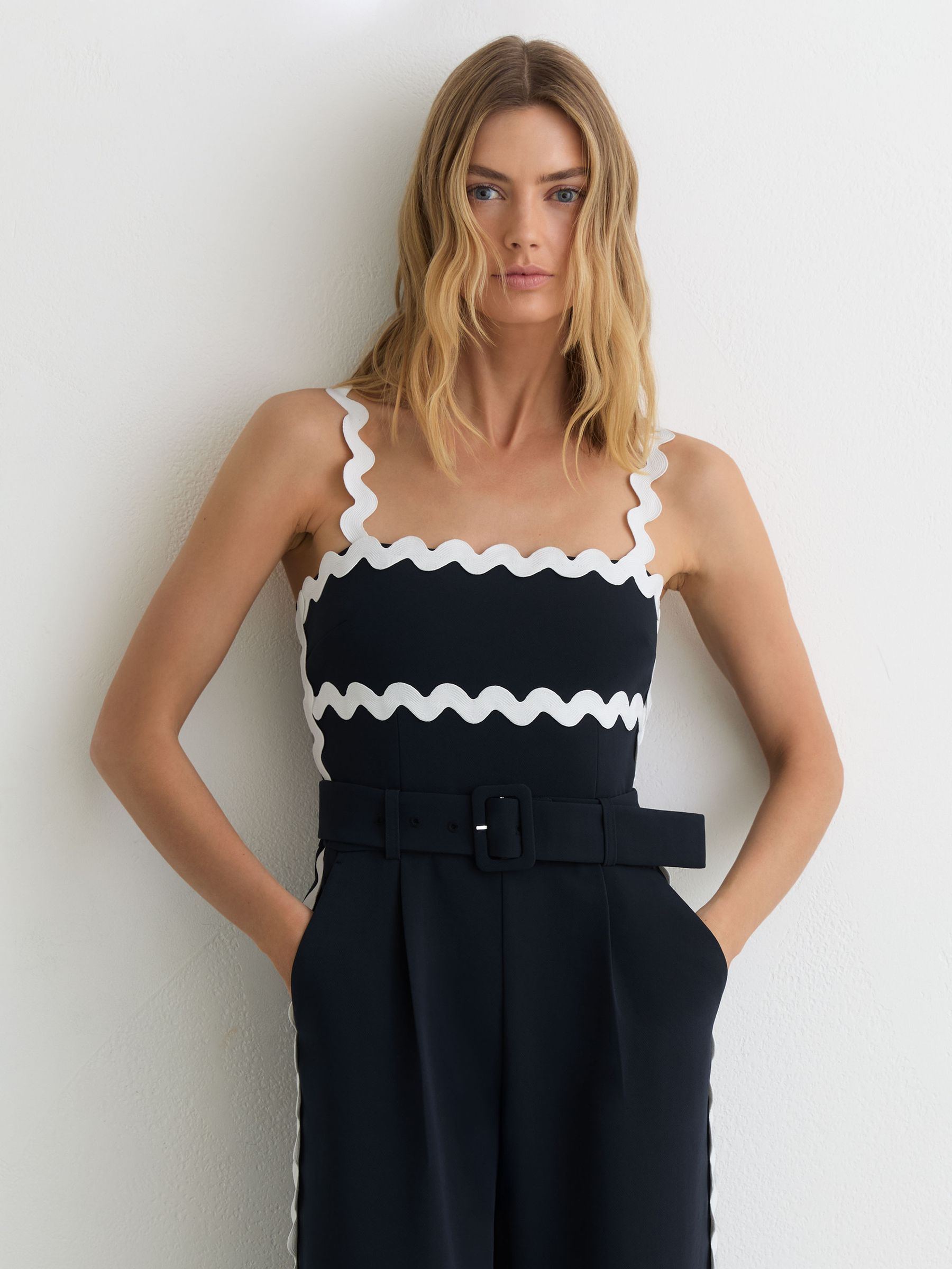 Buy Reiss Navy/Ivory Dash Petite Ric-Rac Trim Wide-Leg Jumpsuit