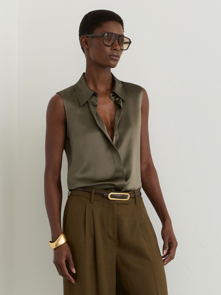 Reiss Khaki Green Amelia Silk Sleeveless Shirt - Image 1 of 6
