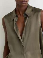 Reiss Khaki Green Amelia Silk Sleeveless Shirt - Image 4 of 6