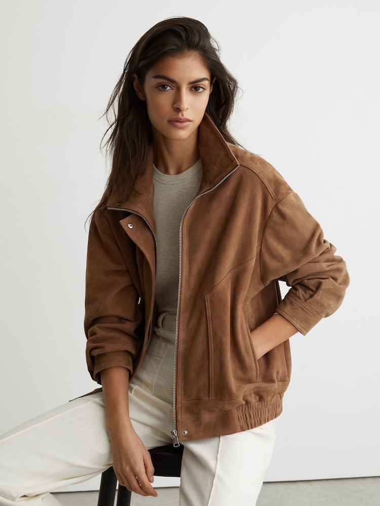Reiss Tan Kiara Petite Suede Funnel-Neck Bomber Jacket - Image 1 of 7 Reiss Tan Kiara Petite Suede Funnel-Neck Bomber Jacket - Image 1 of 7