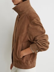 Reiss Tan Kiara Petite Suede Funnel-Neck Bomber Jacket - Image 4 of 7