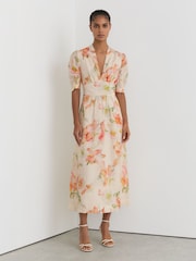 Reiss Ivory/Pink Poppy Floral-Print Waisted Midi Dress - Image 1 of 6