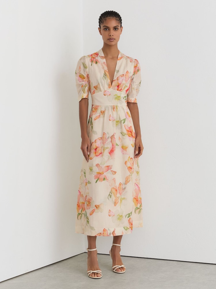 Reiss Ivory/Pink Poppy Floral-Print Waisted Midi Dress - Image 1 of 6