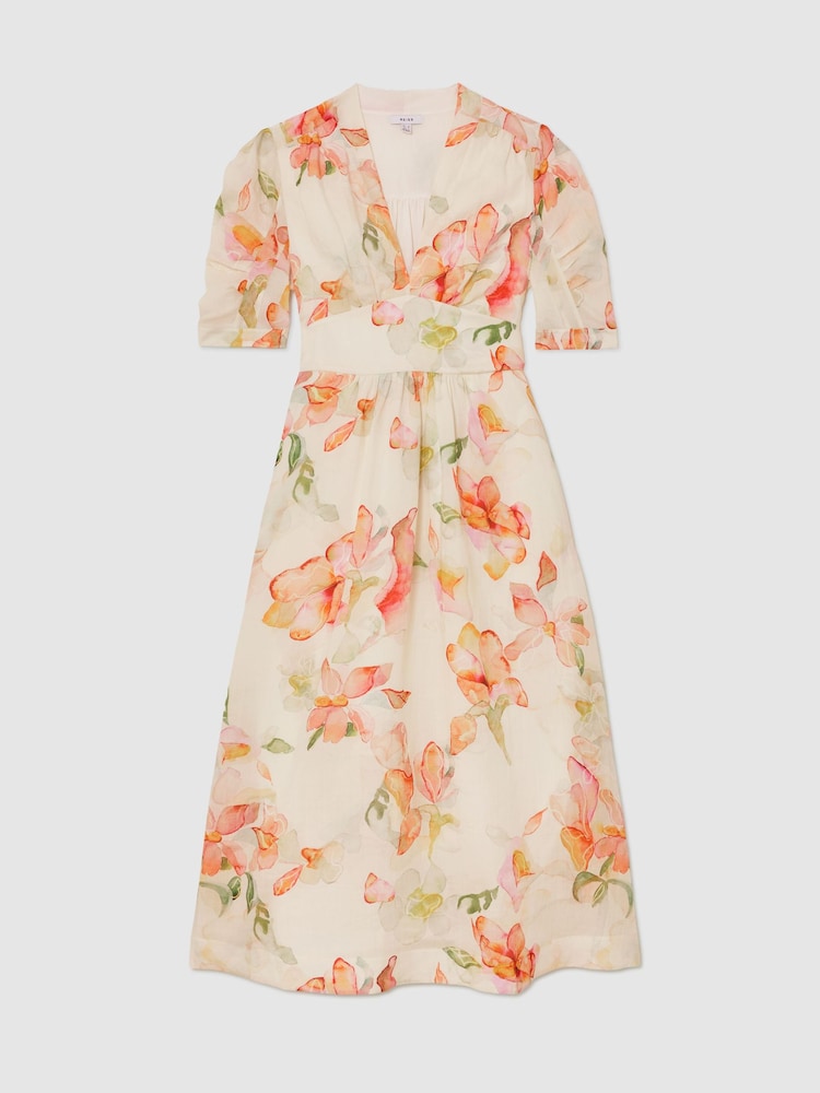 Reiss Ivory/Pink Poppy Floral-Print Waisted Midi Dress - Image 2 of 6