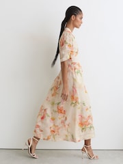 Reiss Ivory/Pink Poppy Floral-Print Waisted Midi Dress - Image 3 of 6