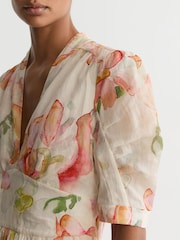 Reiss Ivory/Pink Poppy Floral-Print Waisted Midi Dress - Image 4 of 6